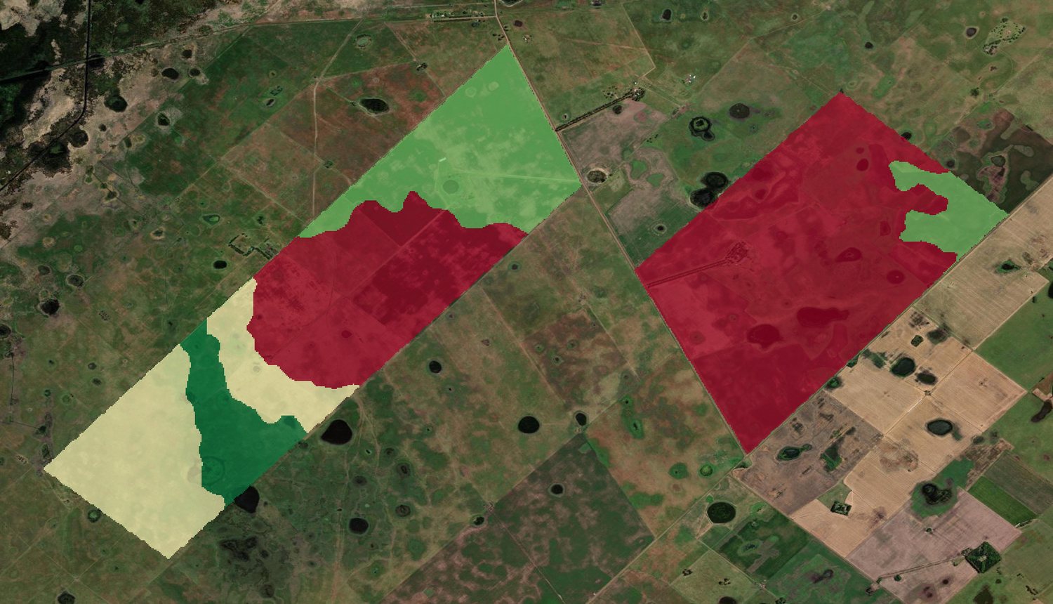 Índice de productividad del suelo de El Puesto según INTA, sobre imagen satelital